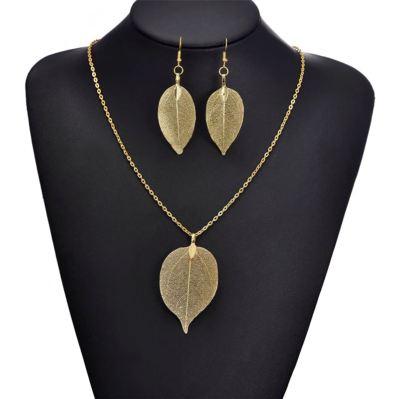 Unique Filigree Wedding Earrings for Women Gold Silver Color Natural Real Leaf Earrings Chain Long Necklace Jewelry Set Gift