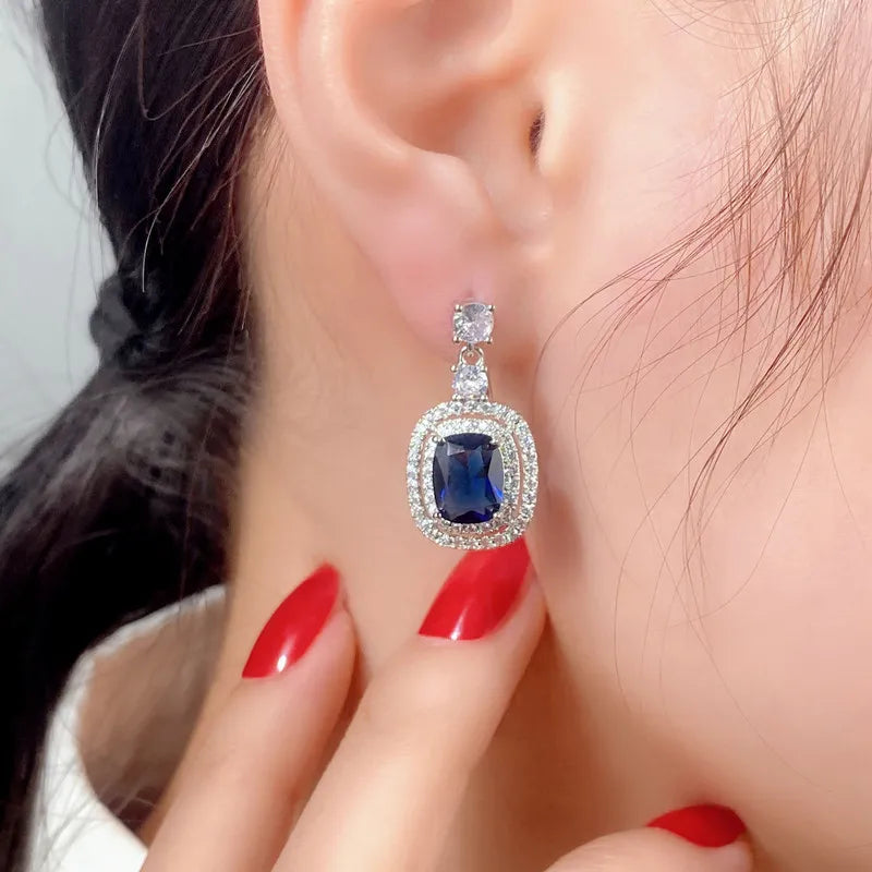 Huitan New Trendy Blue CZ Earrings for Women Bling Bling Ear Dangle Accessories Temperament Elegant Wedding Jewelry Wholesale