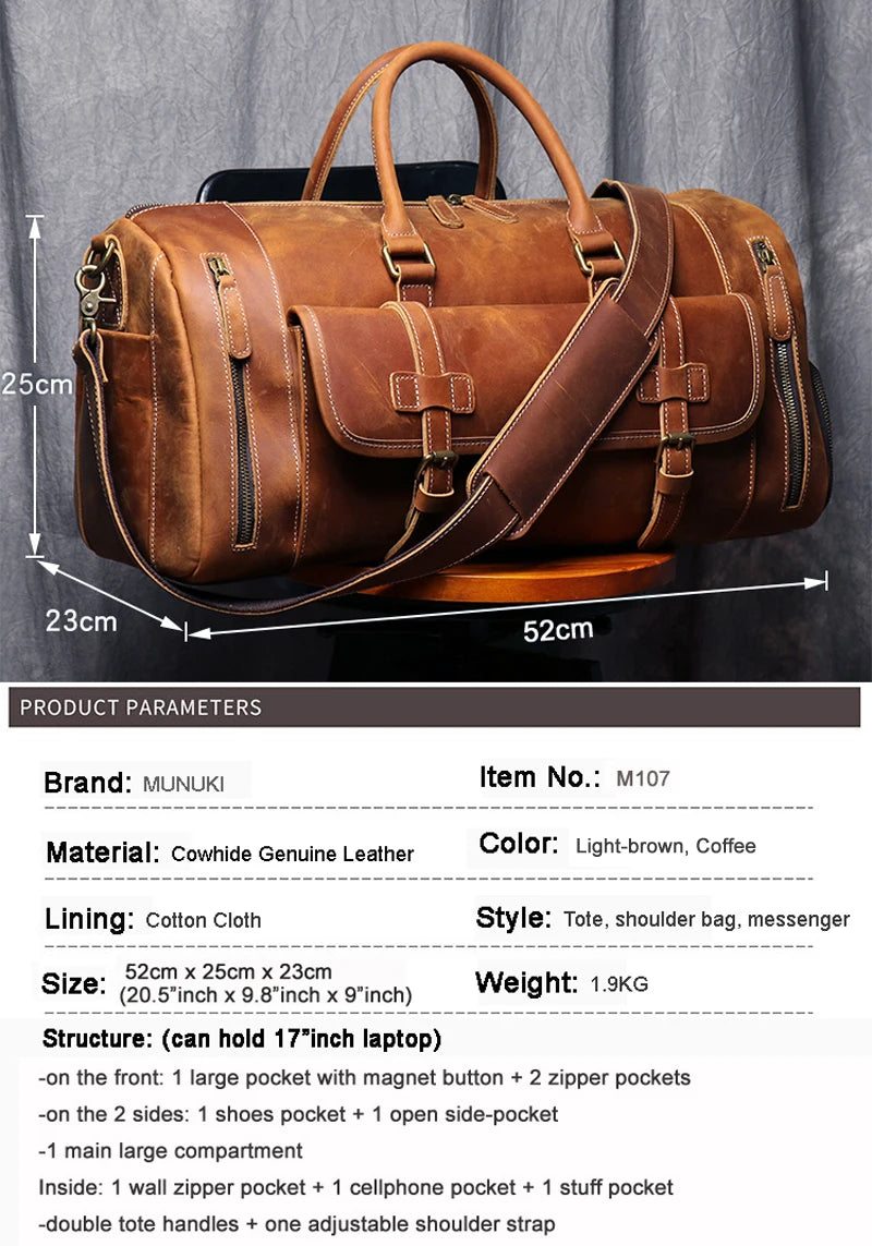 MUNUKI Vintage Crazy Horse Genuine Leather Travel bag  Large Luggage bag men Leather duffle bag Large Weekend Bag Tote Big