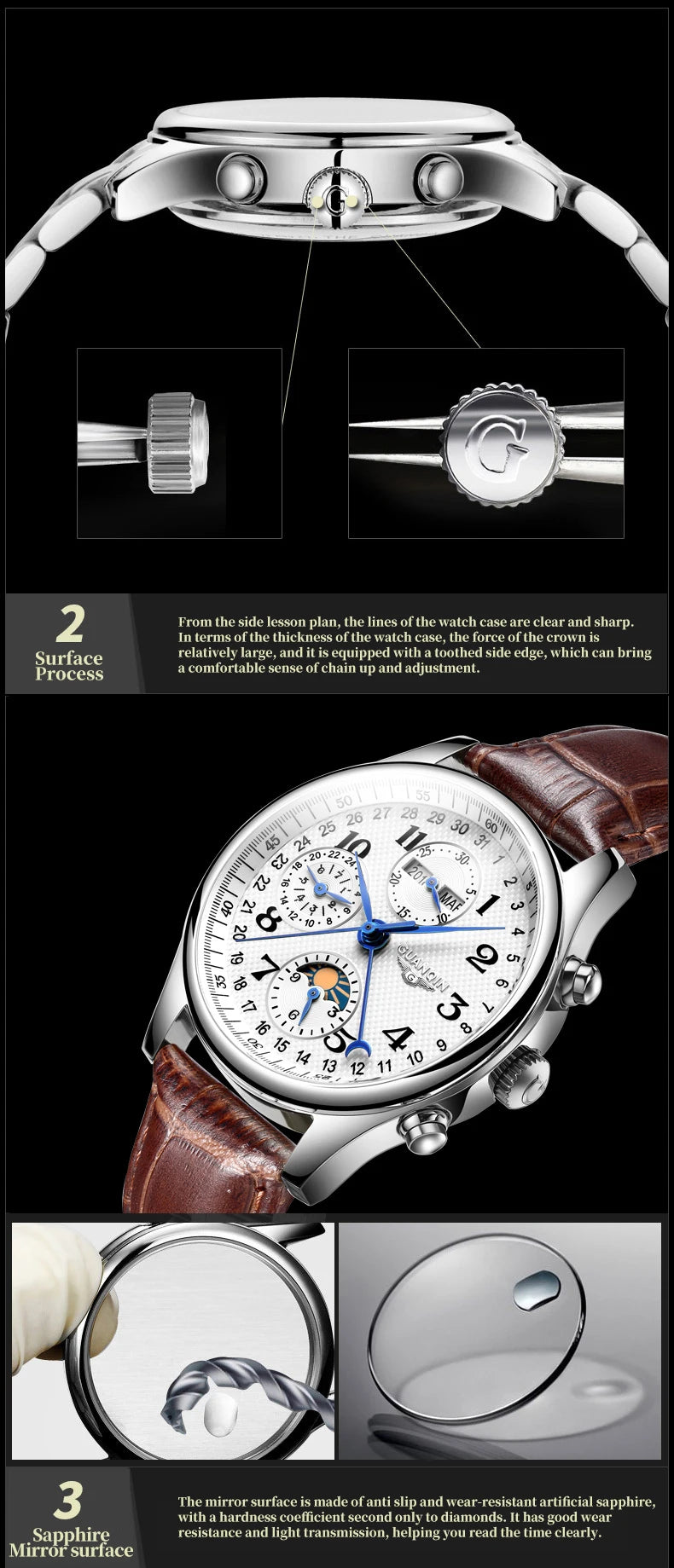 GUANQIN 2024 Men watches Top brand Luxury Mechanical Automatic Stainless steel Waterproof Moon Phase Watch Sapphire Wristwatch