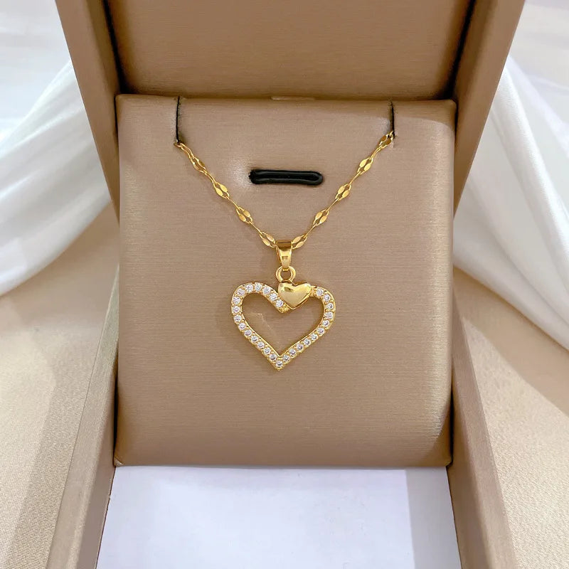 Trendy Heart Stainless Steel Zirconia Necklaces For Women Girls Love Gold Color Metal Necklace Party Birthday Daily Jewelry