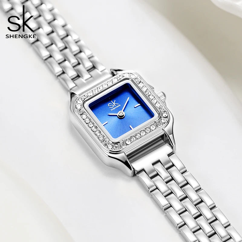 SHENGKE Elegant Silver Stainless Steel Women Watches Fashion Small Dial Square Woman's Quartz Wristwatches Ladies New Gift Clock