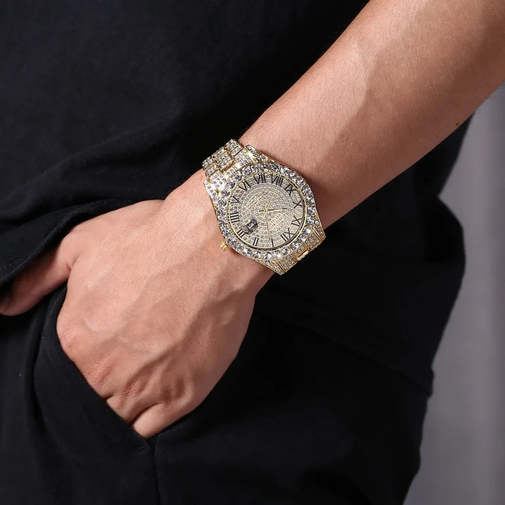 Montre homme Hip Hop Iced Out entièrement en strass AAA autour des montres à quartz de luxe horloge ronde montre-bracelet unisexe cadeau pour petit ami