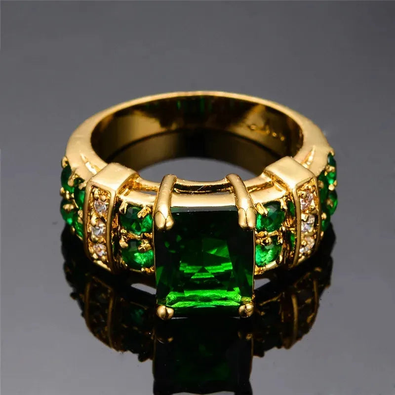 Trendy Green Crystal Ring Charm Gold Color Wedding Ring Women's Luxury Square Zirconia Promise Engagement Ring