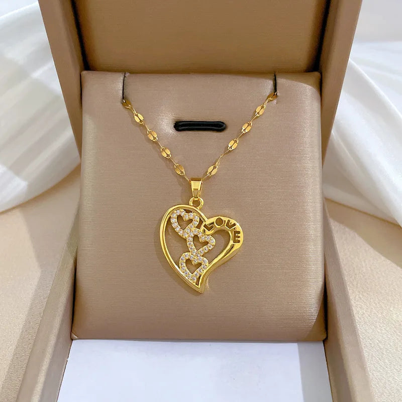 Trendy Heart Stainless Steel Zirconia Necklaces For Women Girls Love Gold Color Metal Necklace Party Birthday Daily Jewelry