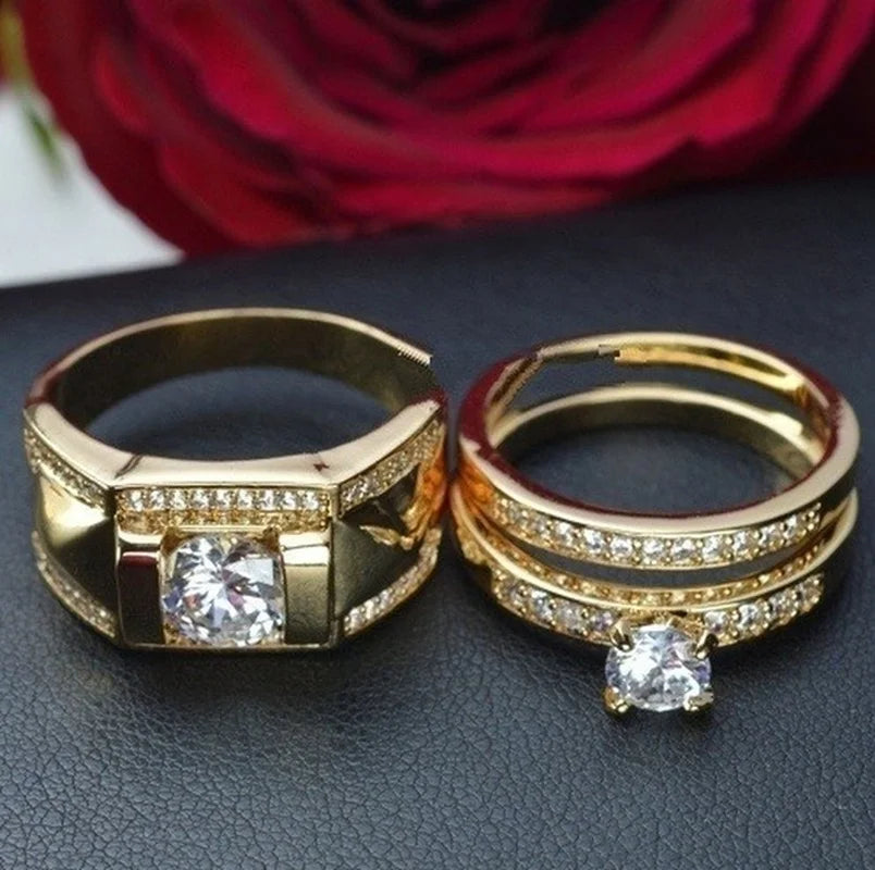 1pcs Luxury Women Ring Metal Carving Gold Color Inlaid Zircon Stones Couple Ring Bridal Engagement Wedding Jewelry