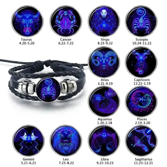 12 Constellation Zodiac Sign Charm Luminous Bracelets Men Women Vintage Multilayer Wrap Leather Bracelet Bangle Birthday Gift