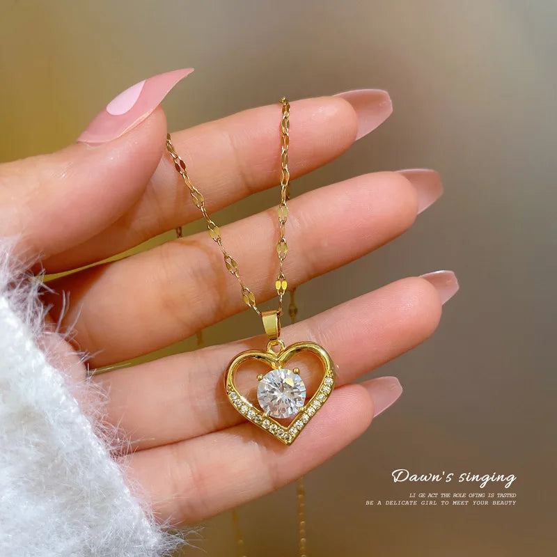 Trendy Heart Stainless Steel Zirconia Necklaces For Women Girls Love Gold Color Metal Necklace Party Birthday Daily Jewelry