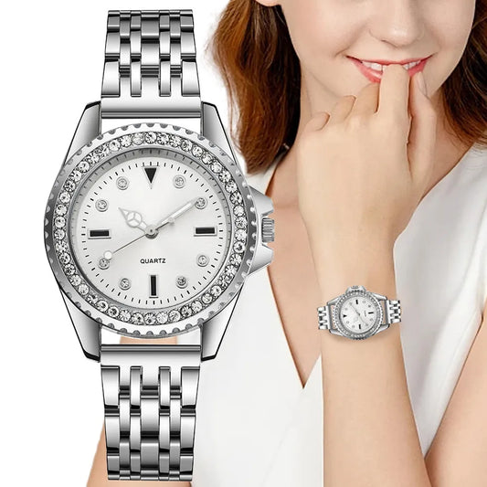 Fashion Ladies Silver Simple Full Diamond English Watch 2023 New Brand Women's Stainless Steel Clock Luxury Dress Watches