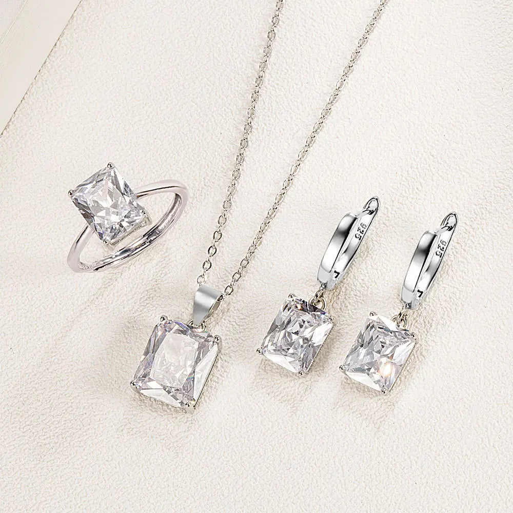 925 Sterling Silver  Elegant Jewelry Sets Ring Earrings Necklace For Women Rectangle Geometry Zircon Wedding Accessories