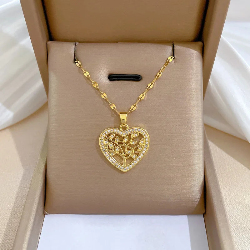 Trendy Heart Stainless Steel Zirconia Necklaces For Women Girls Love Gold Color Metal Necklace Party Birthday Daily Jewelry