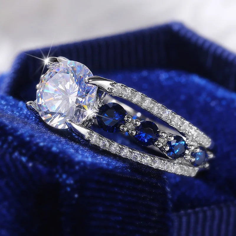 Creative Hollow out Sapphire Blue Zircon Ring for WOMEN'S Luxurious Banquet Engagement Jewelry