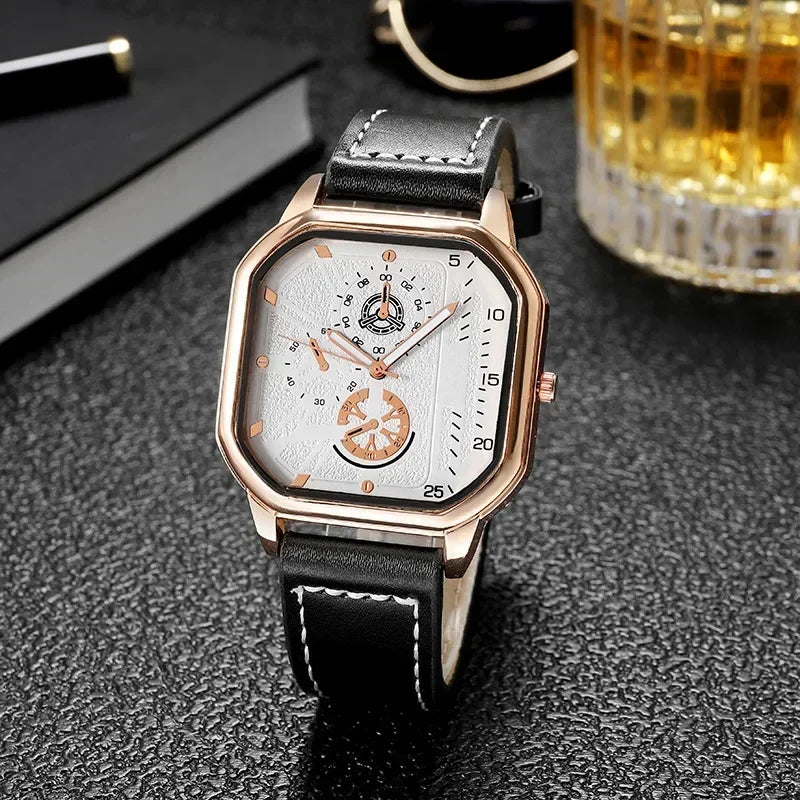 Men Quartz Watches Alloy Dial Business Men Watch PU Leather Strap Big Dial Square Sports Watch Cool Black Wristwatch for Man