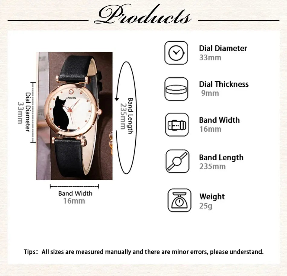 6PCS Set Women Fashion Quartz Watch Female Clock Cute Cat Dial Luxury Brand Design Ladies Leather Wrist Watch Montre Femme