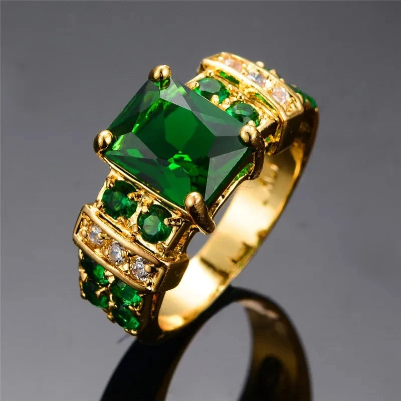 Trendy Green Crystal Ring Charm Gold Color Wedding Ring Women's Luxury Square Zirconia Promise Engagement Ring