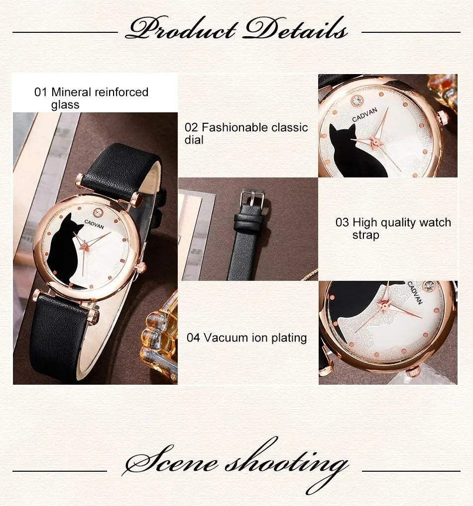 6PCS Set Women Fashion Quartz Watch Female Clock Cute Cat Dial Luxury Brand Design Ladies Leather Wrist Watch Montre Femme