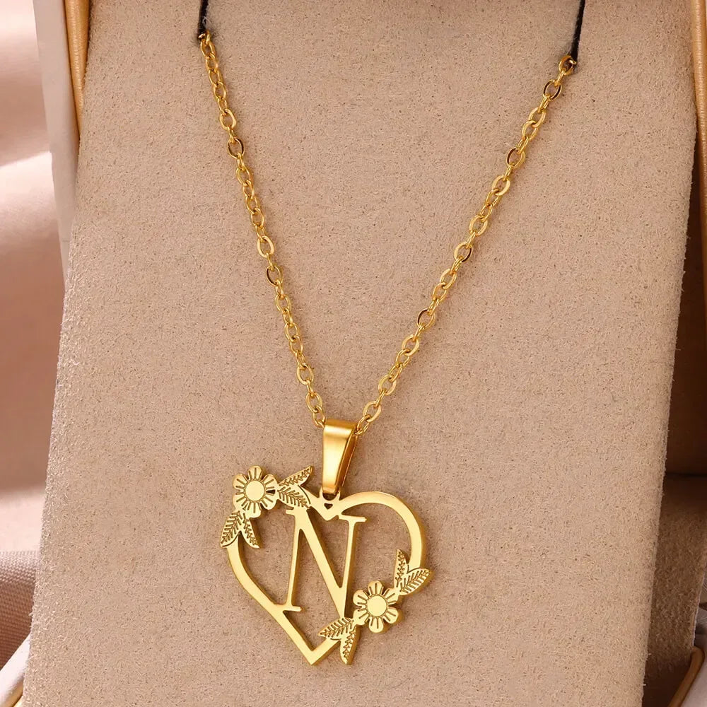 Gold Color Dainty Flower Initials Necklace Women Girl Stainless Steel Heart Letter Choker Necklace Best Gifts Alphabet Jewelry