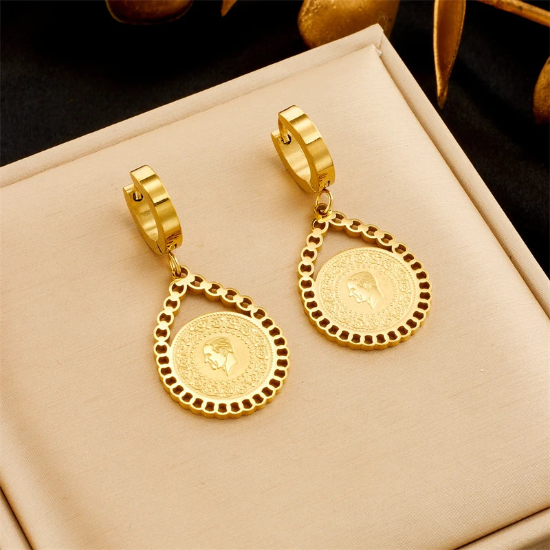 DIEYURO 316L Stainless Steel Water-drop Portrait Coin Earrings For Women Girl Fashion Ear Buckle Non-fading Jewelry Gift Party