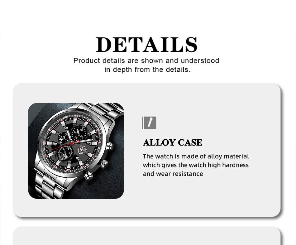 3PCS DEYROS Fashion Mens Calendar Watches Luxury Male Stainless Steel Quartz Wristwatch Men Bracelet Necklace Wrist Watch