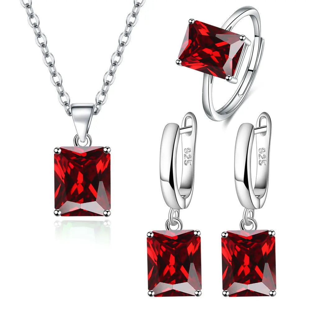 925 Sterling Silver  Elegant Jewelry Sets Ring Earrings Necklace For Women Rectangle Geometry Zircon Wedding Accessories