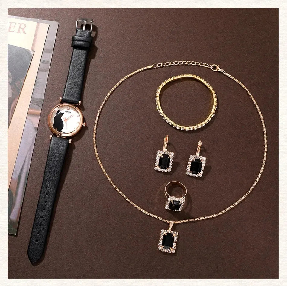 6PCS Set Women Fashion Quartz Watch Female Clock Cute Cat Dial Luxury Brand Design Ladies Leather Wrist Watch Montre Femme