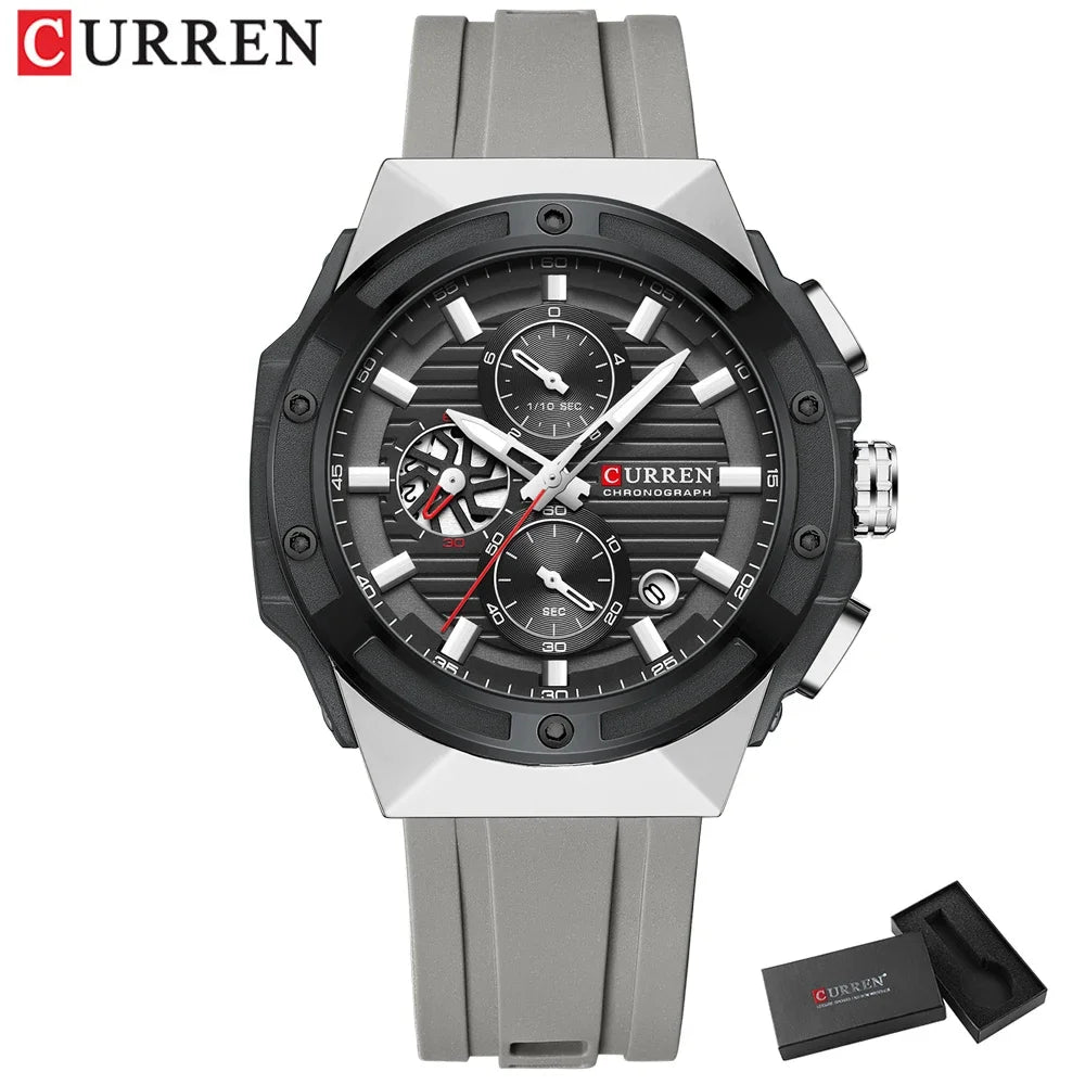 CURREN Fashionable Sports Multifunctional Chronograph Quartz Watch with Silicone Strap Creative Design Dial Luminous Hands