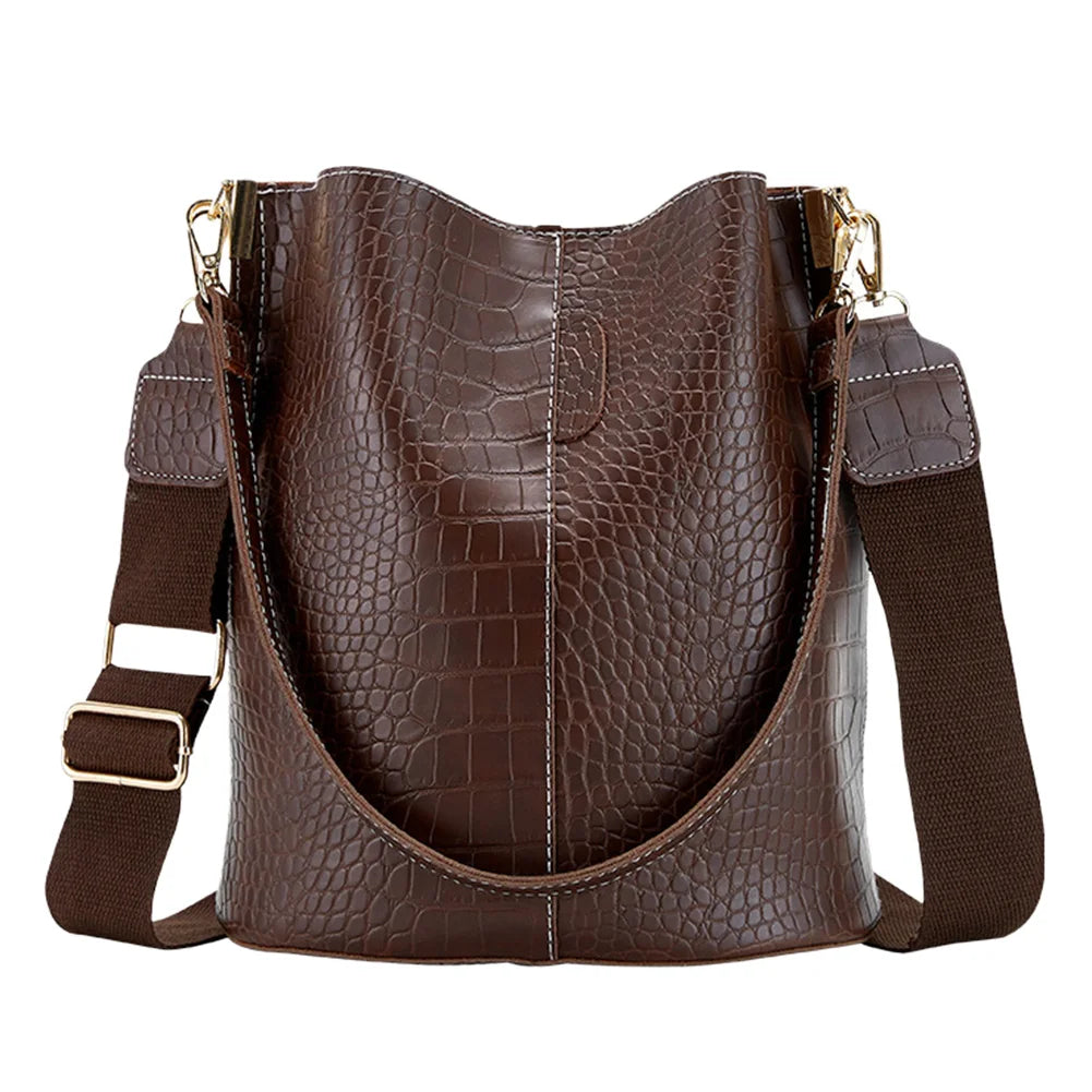 Leather Crossbody Bags Women Large-capacity Patchwork Fashion Bucket Bags Crocodile Pattern Shoulder Messenger Handbag