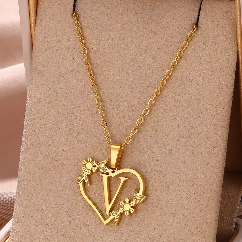 Gold Color Dainty Flower Initials Necklace Women Girl Stainless Steel Heart Letter Choker Necklace Best Gifts Alphabet Jewelry