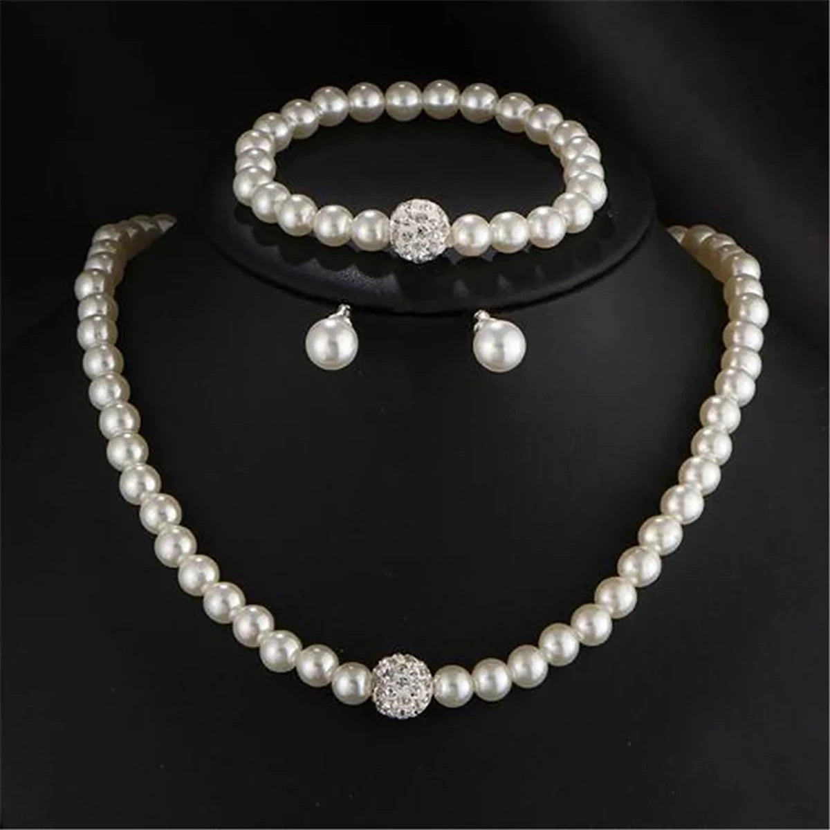 3PCS Set Imitation Pearl Necklace Bracelet Earrings Stud Set Fireball Pearl Beaded Women Luxury Bridal Party Trendy Jewelry Gift