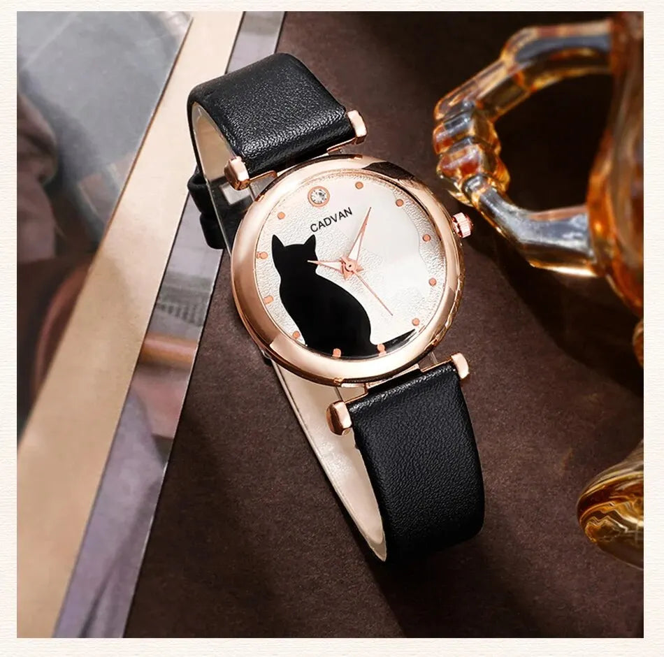 6PCS Set Women Fashion Quartz Watch Female Clock Cute Cat Dial Luxury Brand Design Ladies Leather Wrist Watch Montre Femme