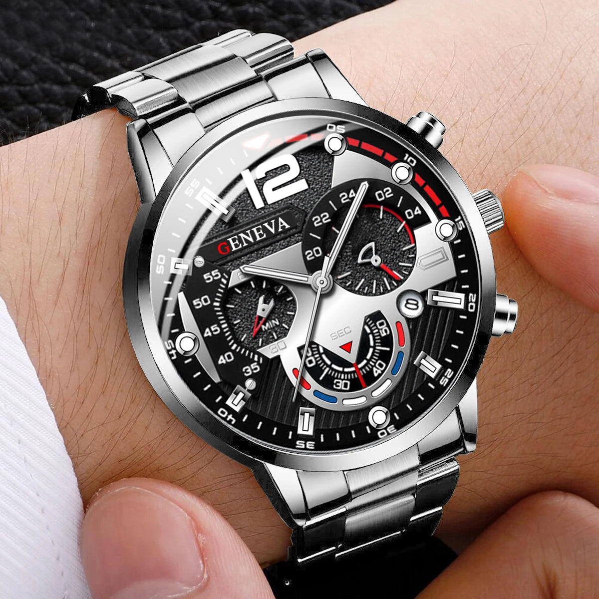 3PCS/Set Fashion Men's Watches Stainless Steel Band Analog Quartz Watch Calendar Watches Jewelry Set（Without Box）