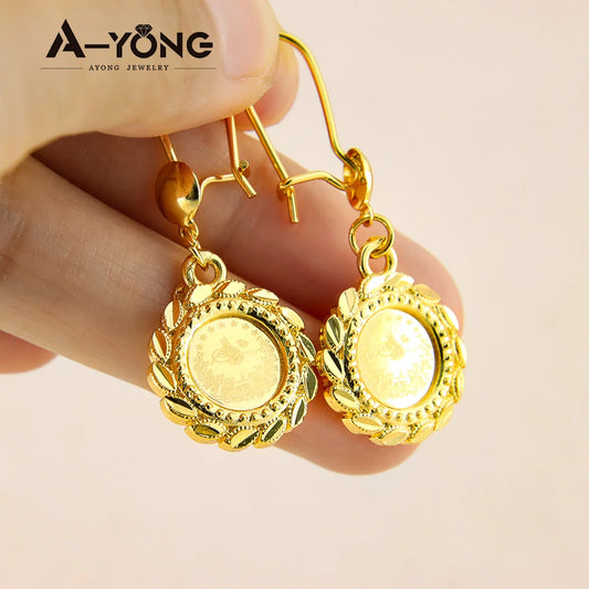 AYONG Turkish Coin Dangle Earrings 21k Gold Plated Dubai African Copper Drop Earring Middle East Arab Women Bridal Jewelry Parts