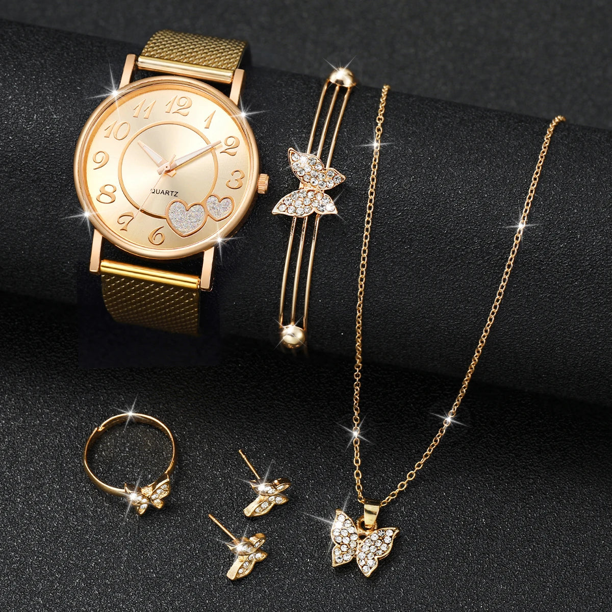 6PCS/Set Fashion Heart Women's Watch Plastic Band Analog Golden Quartz Watches Butterfly Jewelry Set(Without Box)