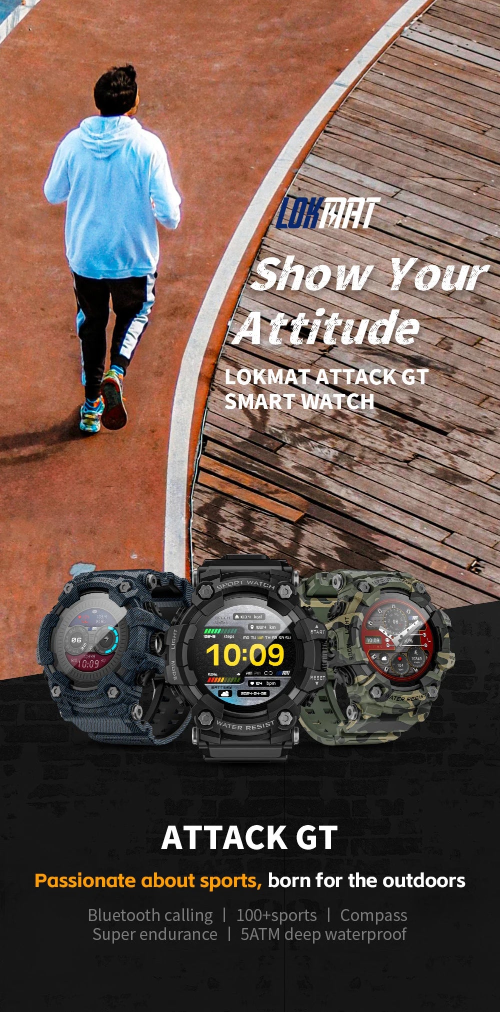 LOKMAT Rugged Sport Smart Watch ATTACK-GT Bluetooth Calls Colorful Waterproof Military Smartwatches with Flashlight for Phone