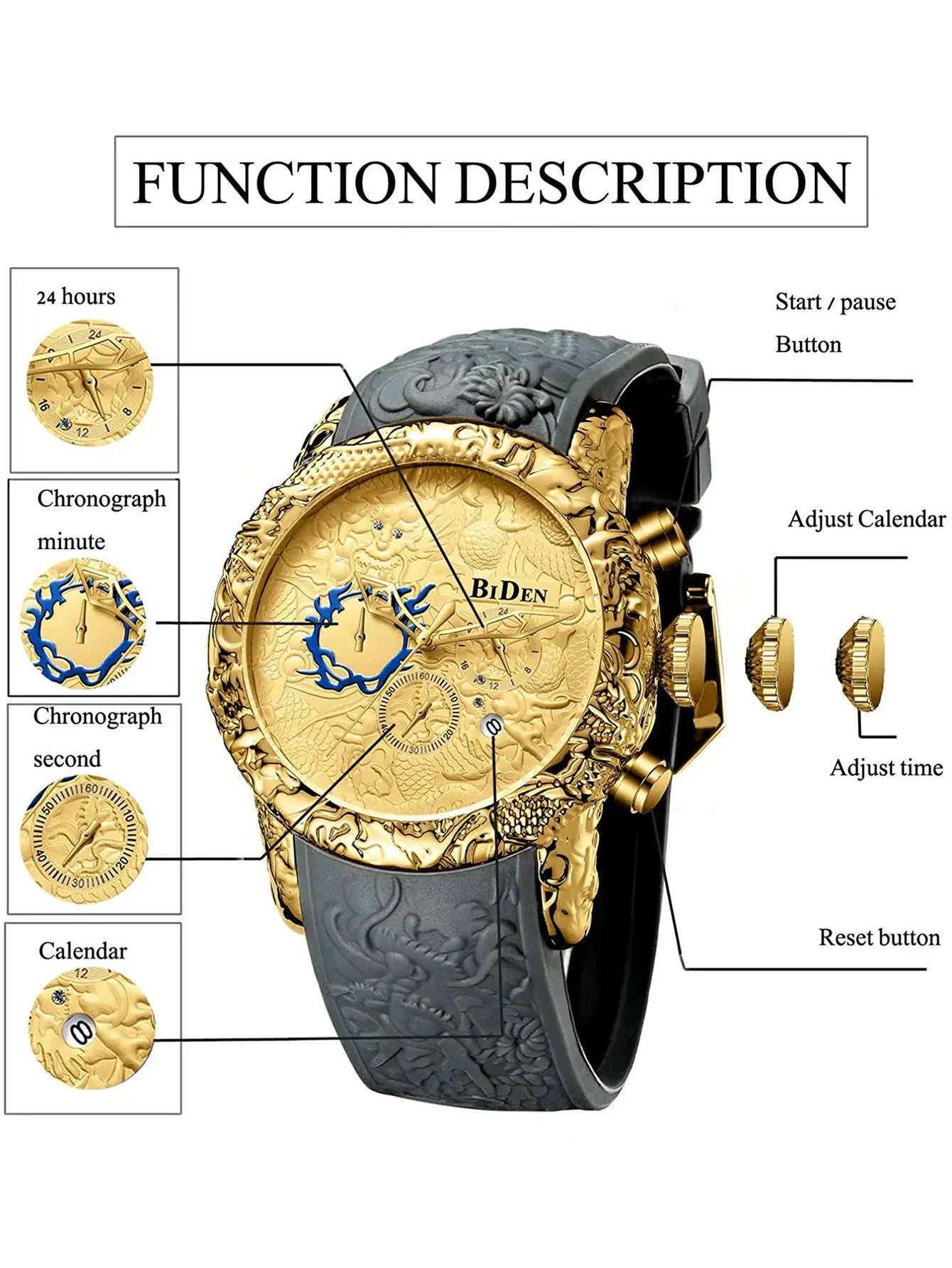 BIDEN Luxury Men's Watch Multi functional Six Needle Creative 3D Carving Dragon Design Waterproof Leisure Quartz Men's Clock