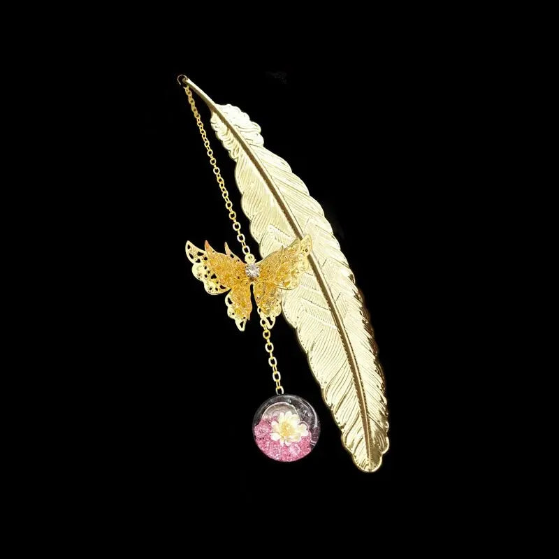 1pc Chinese Style Metal Feather Bookmark Creative Immortal Dried Flower Butterfly Leaf Student Bookmark Teacher's Day Gift