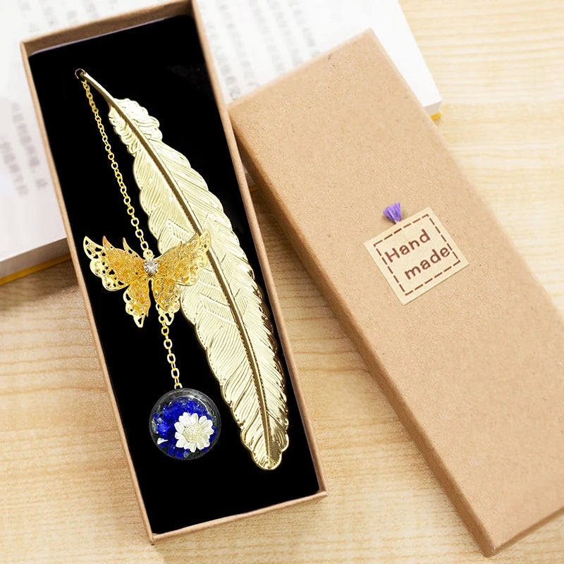 1pc Chinese Style Metal Feather Bookmark Creative Immortal Dried Flower Butterfly Leaf Student Bookmark Teacher's Day Gift