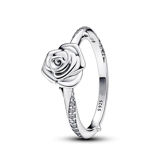 New in 925 Sterling Silver Rose Flower Statement Ring For Women Exquisite Style Fashionable For Parties Wedding Jewelry Gifts