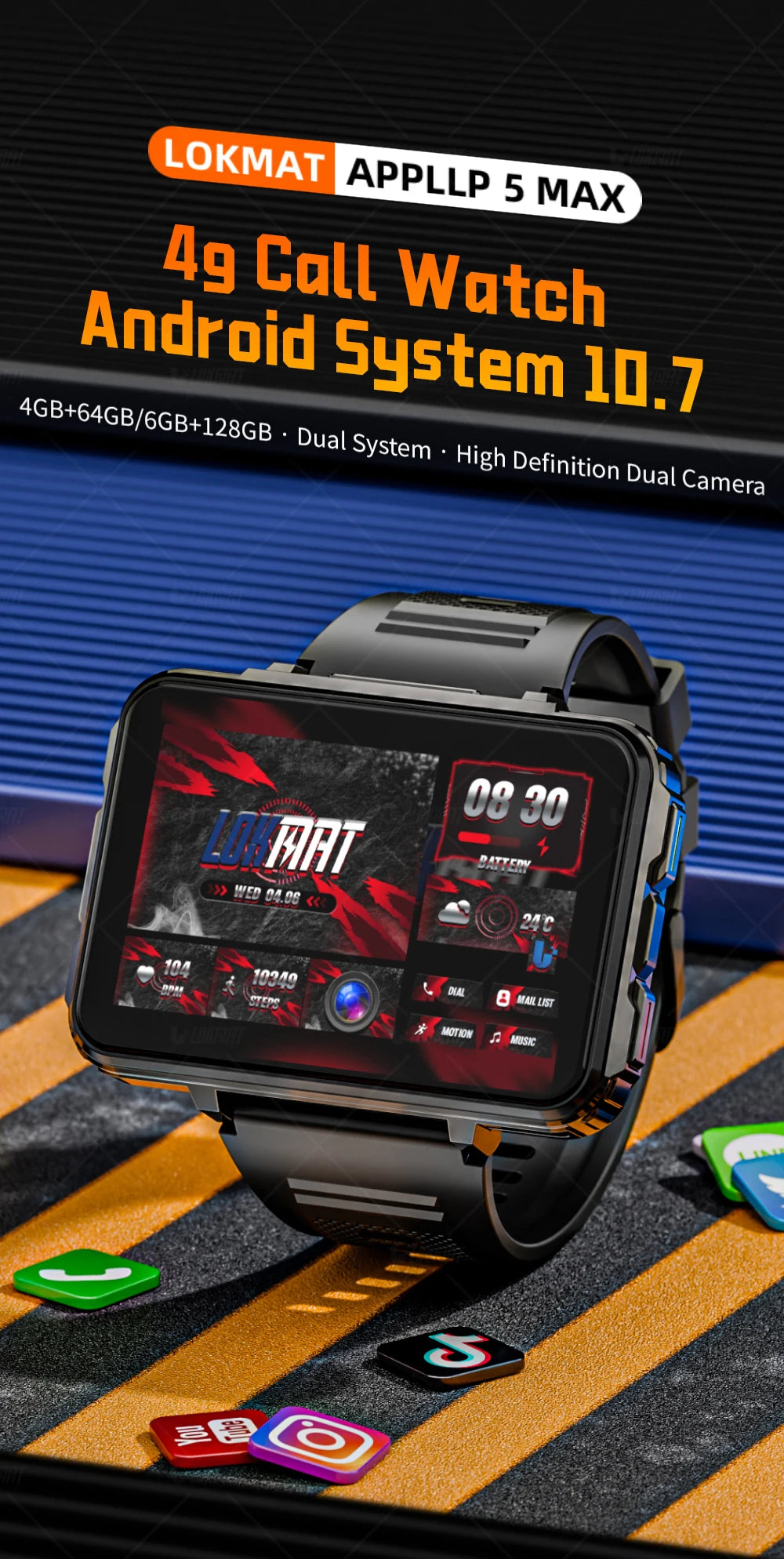 LOKMAT APPLLP 5 MAX Android Watch Phone Square Big Screen Wifi 4G Calls Smartwatches Dual Camera with Flashlight Gaming Watch