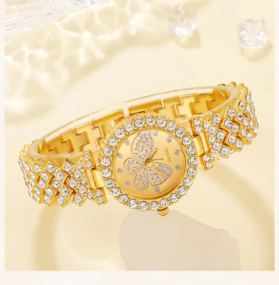 Women Butterfly Dial Watch Brand Design Female Clock Women Steel Bracelet Watch Quartz Luxury Fashion Set With Diamonds