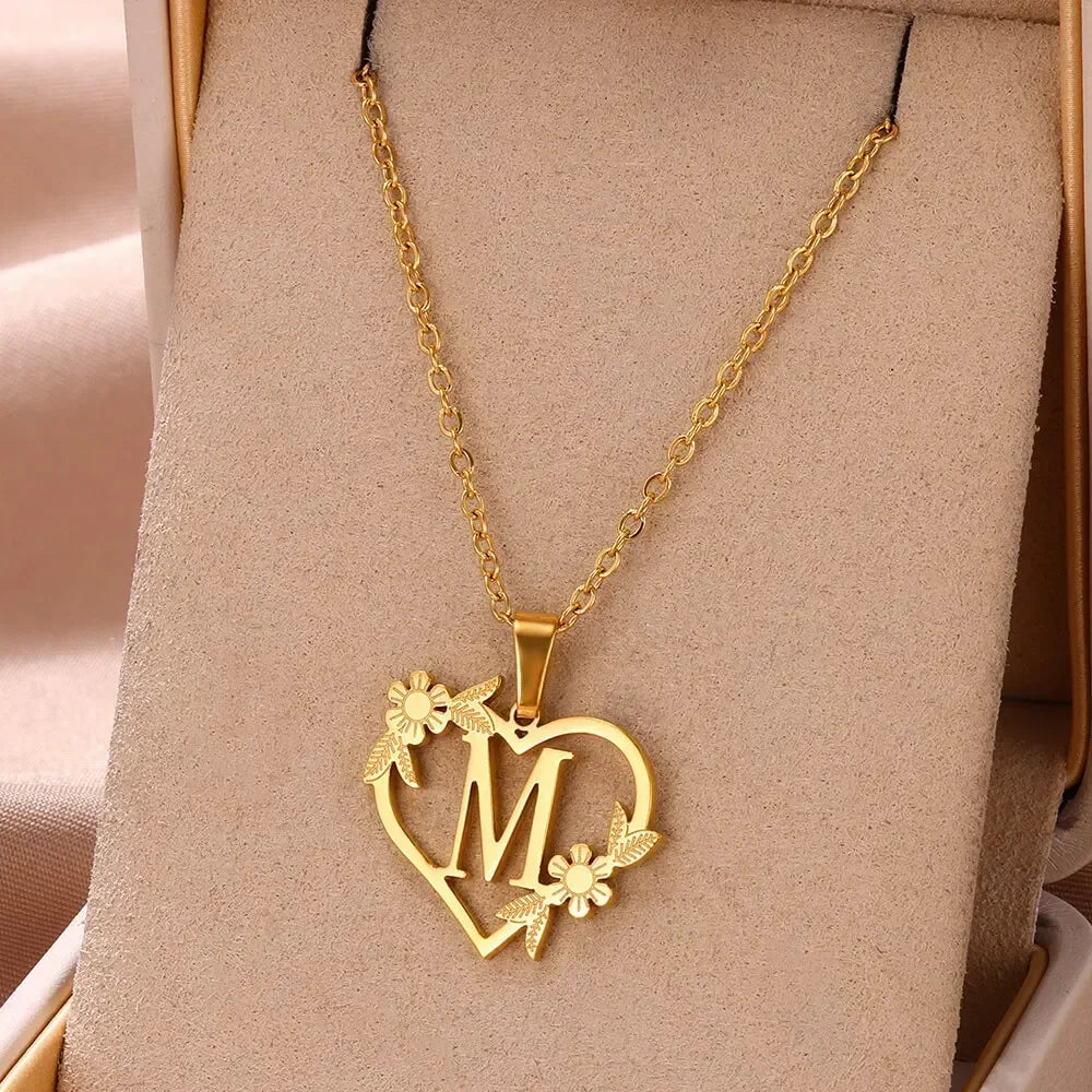 Gold Color Dainty Flower Initials Necklace Women Girl Stainless Steel Heart Letter Choker Necklace Best Gifts Alphabet Jewelry