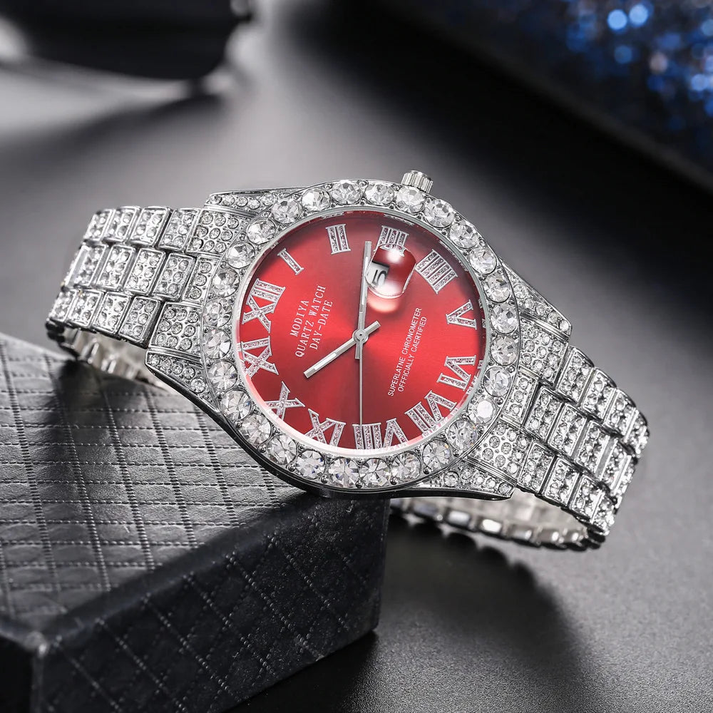 Montre homme Hip Hop Iced Out entièrement en strass AAA autour des montres à quartz de luxe horloge ronde montre-bracelet unisexe cadeau pour petit ami