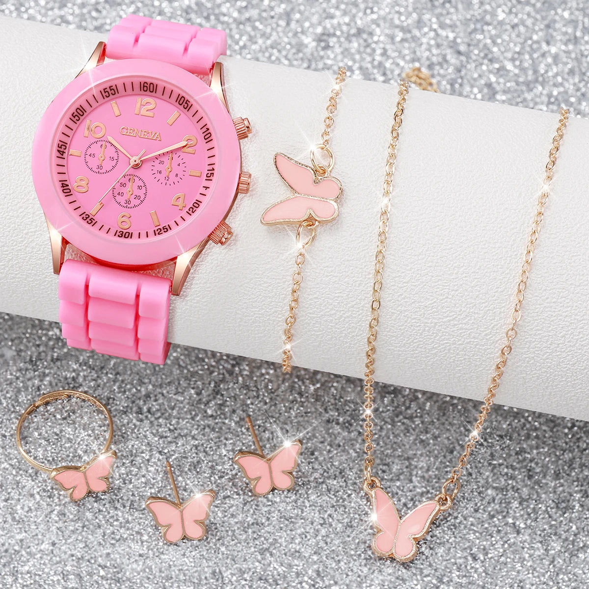 5/6PCS Women Watches Fashion Silicone Band Women Quartz Watches Jewelry Set Reloj Mujer Girls Clock Gift (Without Box)