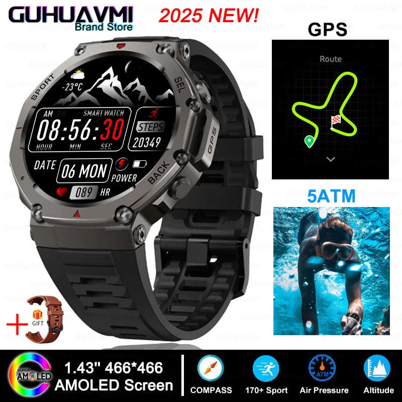 2025 New GPS Smart Watch Men 1.43" AMOLED HD Screen Compass Altimeter 5ATM Waterproof Outdoor Military Smart Bracelet For HUAWEI