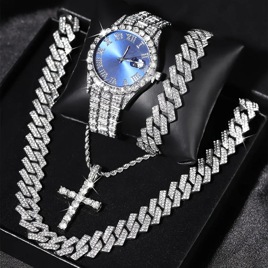 4pcs/set Mens Bling Wrist Watch & Hip Hop Cuban Chain Necklace Set - Rhinestone Accented, Round Dial, Electronic Quartz Movement