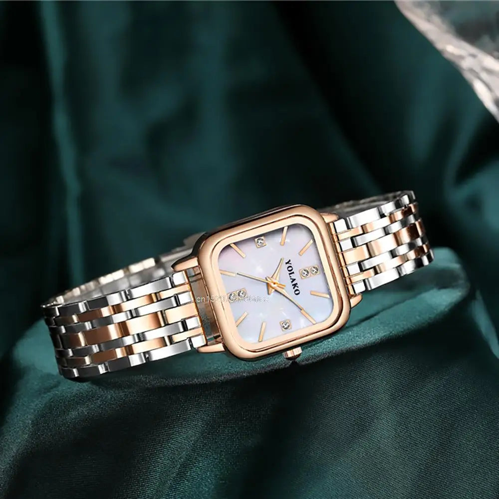 Luxury Brands Women Quartz Watch Fashion Square With Diamonds Seashell Surface Design Gold Coloured Fine Metal Strap Watches