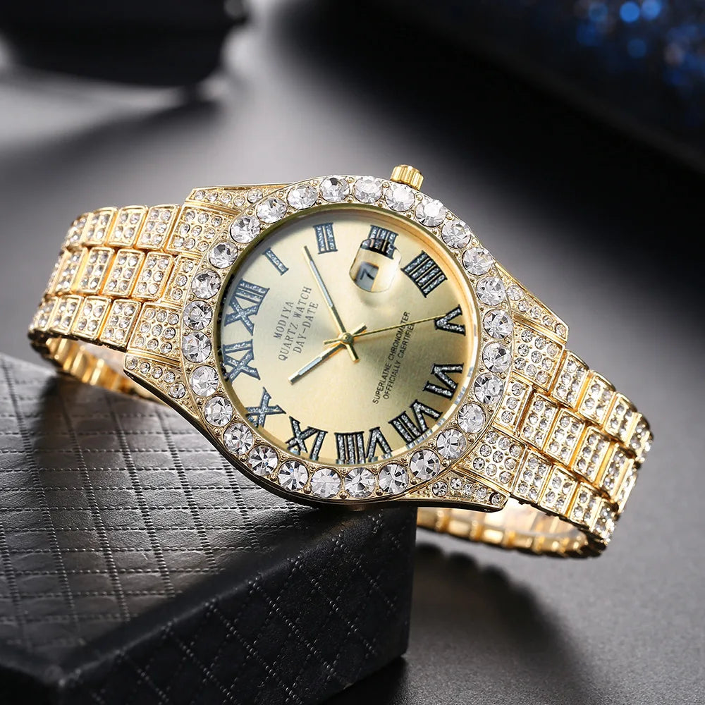 Montre homme Hip Hop Iced Out entièrement en strass AAA autour des montres à quartz de luxe horloge ronde montre-bracelet unisexe cadeau pour petit ami