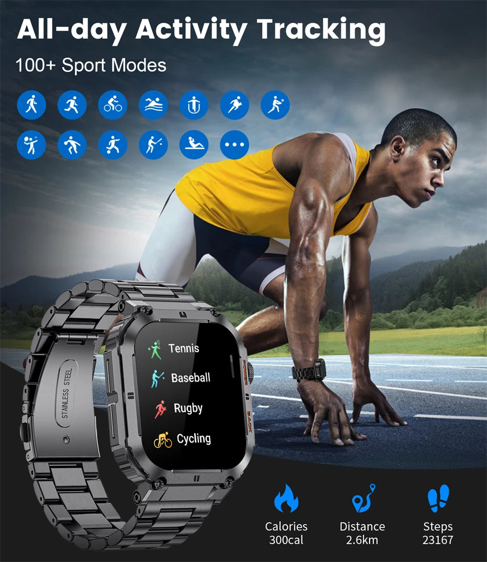 For All Smartphone Connections Bluetooth Call Sports Fitness Bracelet Waterproof Smartwatch Men's Watch Outdoor Rugged Military