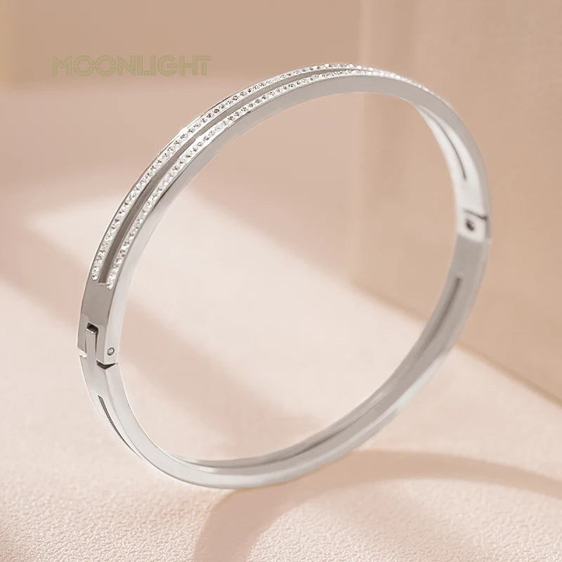 MOONLIGHT Fashion Cubic Zirconia Cuff Bangles for Women Trendy Titanium Steel Circular Classic Bracelet Female Jewelry Gift