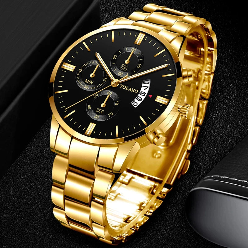 Luxury Men Steel Golden Watch Calendar Quartz Wristwatch Chain Bracelet Business Watches Man Clock for Men Relogio Masculino